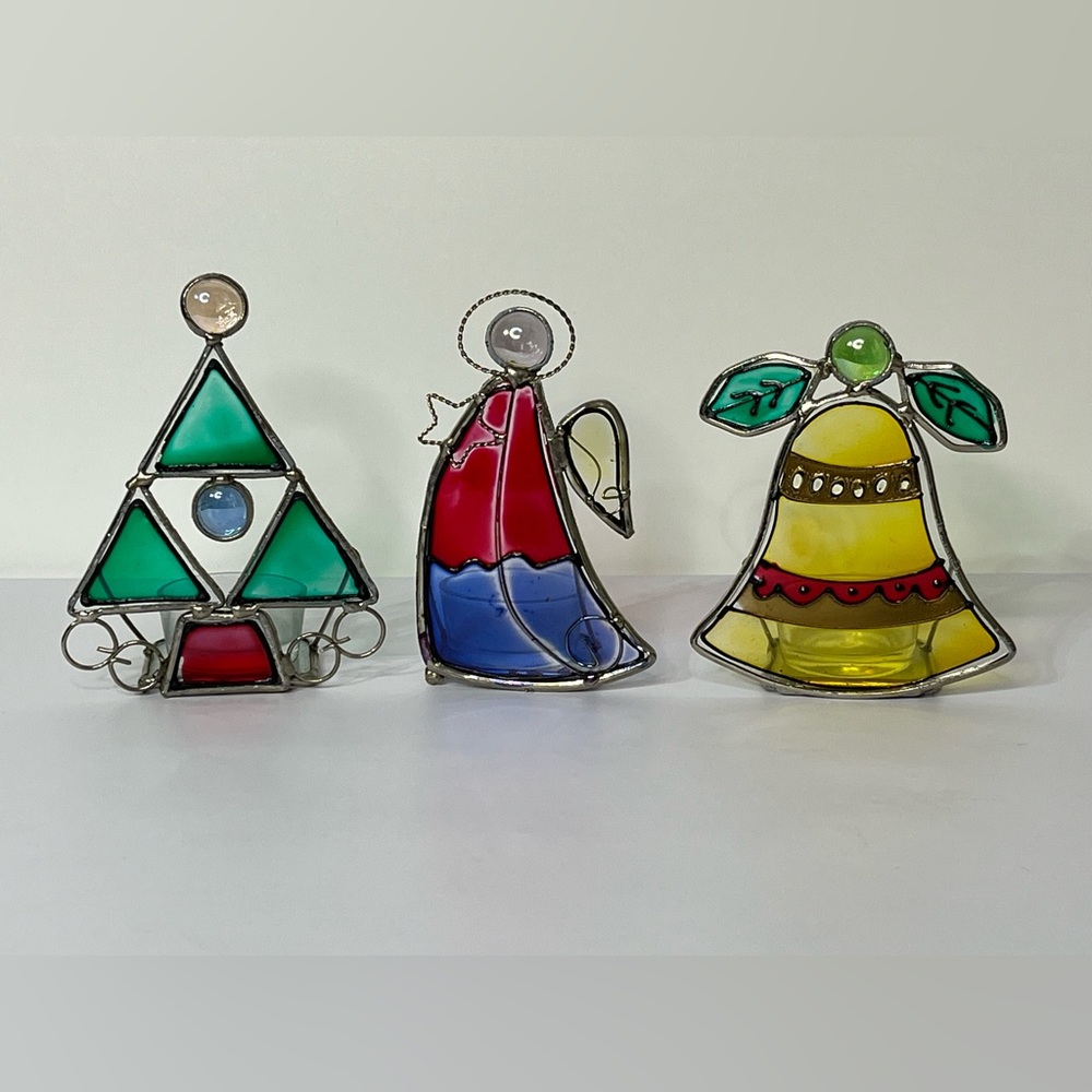 Free Standing Stained Glass Christmas Tree Bell Angel with Candle Cup Set‎ of 3